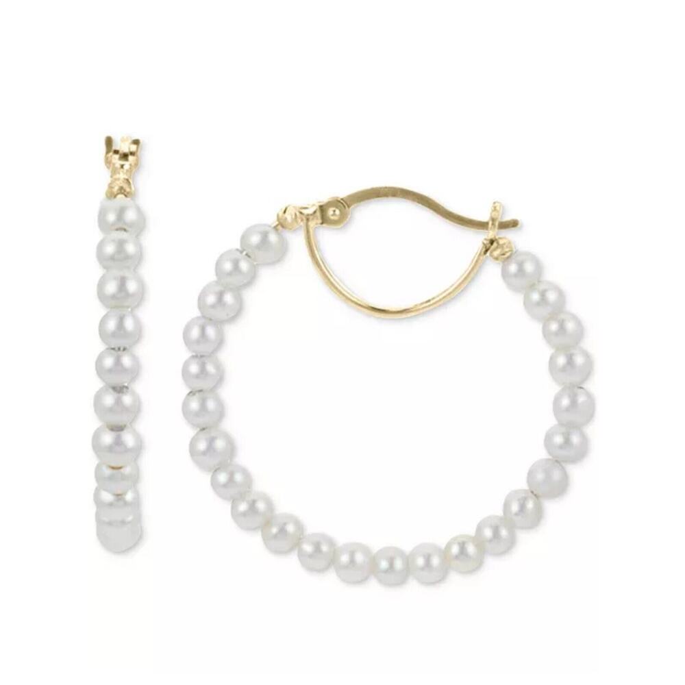 14K Gold Vermeil Pearl (3mm) Hoop Earrings Luxury Exquisite Stunning Elegant NEW